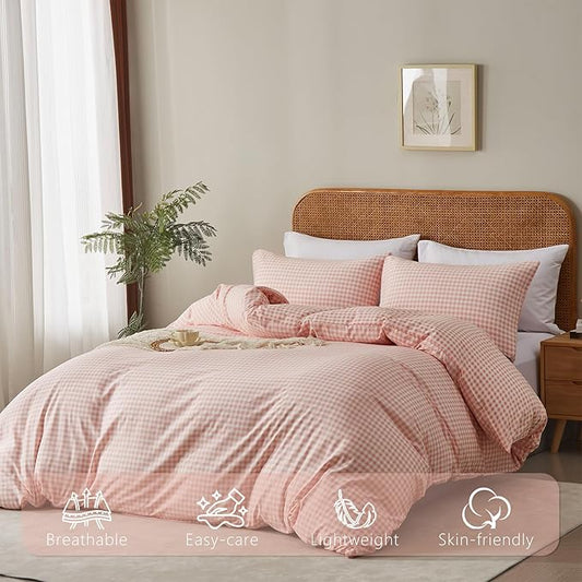 Plaid Duvet Cover Set Twin XL Pink White Checkered Comforter Cover Reversible Microfiber Washed Cotton Bedding Zipper Closure Pillowcases Lightweight Soft Bedding for Boys Girls Teens Dorm Essentials