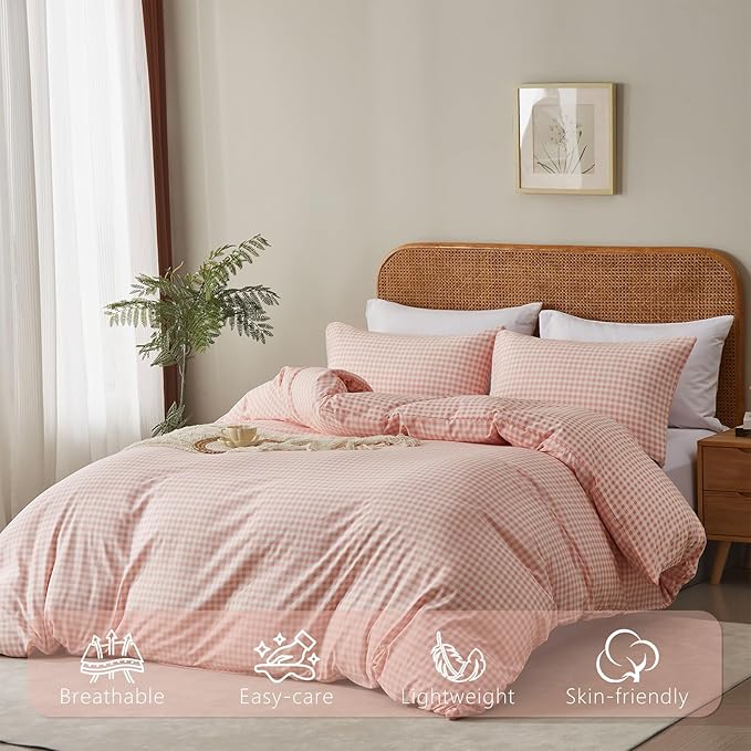 Gingham Duvet Cover Full Size 3Pcs Pink Plaid Checkered Bedding Set Soft Breathable Washed Microfiber Grid Comforter Cover Lightweight Farmhouse Bedroom Decor Gifts for Women Girls Teens