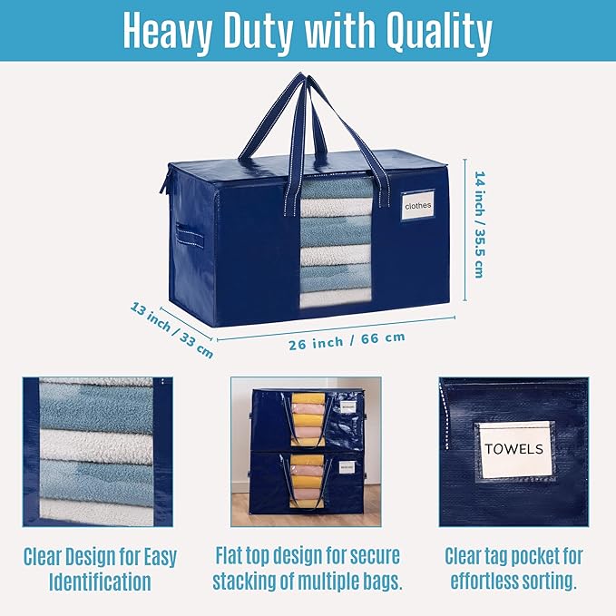 VENO 8 Pack Moving Bags, Christmas Storage Bins, Moving Boxes Alternative, Comforter and Blanket Storage Bags, College Dorm Packing Supplies, Foldable Heavy-Duty Tote with Window (Blue, 8 Pack)