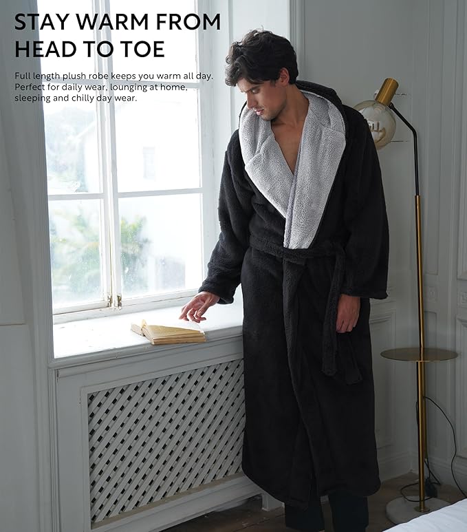 DAVID ARCHY Men's Hooded Robe Soft Coral Fleece Microfiber Bathrobe