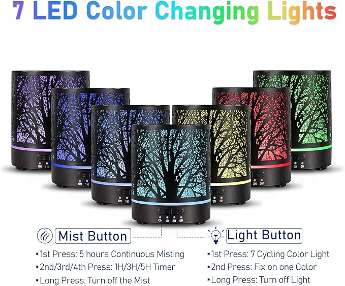 Essential Oil Diffuser Aromatherapy Diffuser -300ml Metal Electric Ultrasonic Cool Mist Oil Diffuser for Large Room with Auto Shut-Off Protection, 4 Timer Setting &7 Colors Night Light for Home Office
