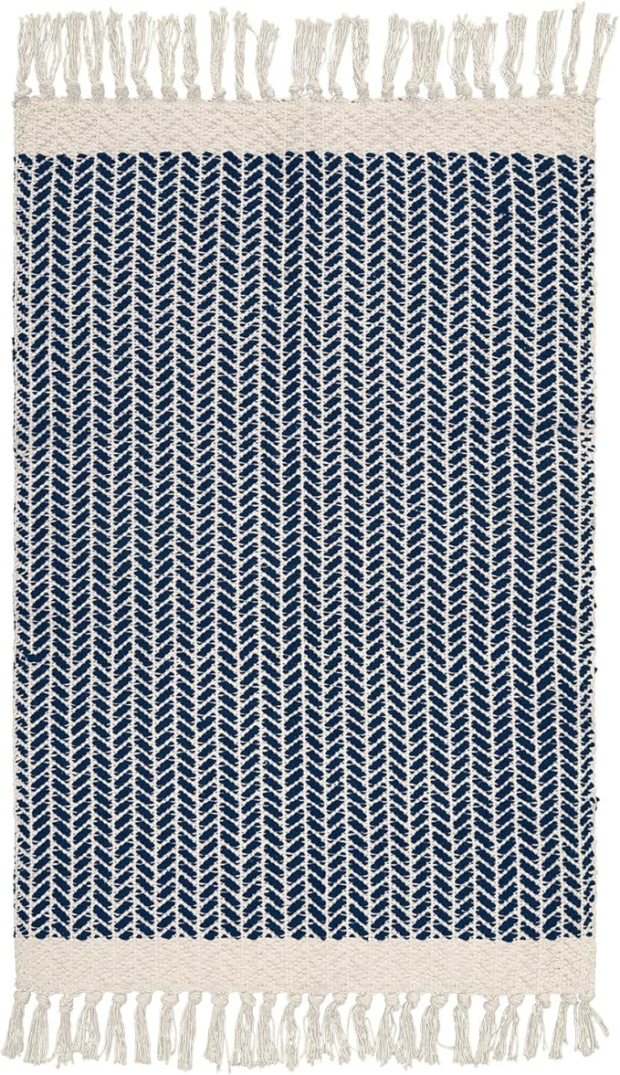 Lahome Boho Bathroom Rugs, Small 2x3 Front Door Mat Lightweight Entryway Rug Woven Cotton Area Rug with Tassels, Farmhouse Non Shedding Washable Blue Throw Rug Low Pile Carpet for Entry Laundry
