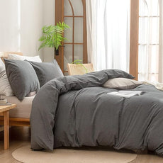 BESTOUCH Duvet Cover Set 100% Washed Cotton Linen Feel Super Soft Comfortable Chic Lightweight 2 PCs Home Bedding Set Solid Dark Grey Twin/Twin XL