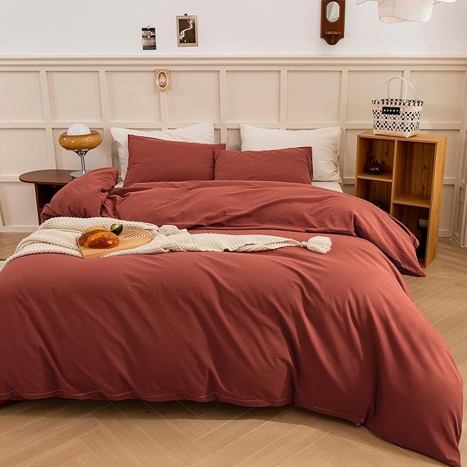 ECOCOTT Duvet Cover King Size - Linen Feel Organic Natural 100% Washed Cotton, Soft Breathable 3 Pieces Bedding Set with Zipper Closure, Burnt Brick Red