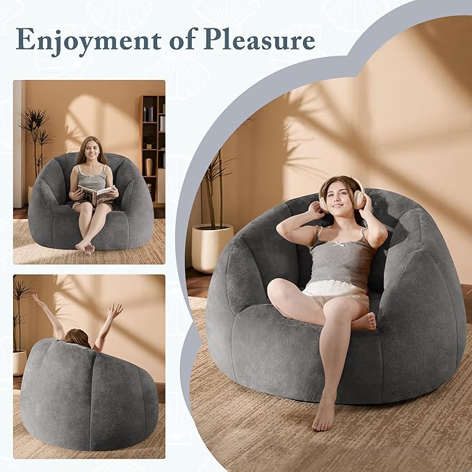 Swivel Giant Bean Bag Chair for Adults - Comfy Plush Round Shell Soft Accent Beanbag Chair, Oversized Cozy Floor Sofa Reading Chair for Living Room, Bedroom & Game Rooms, Gray