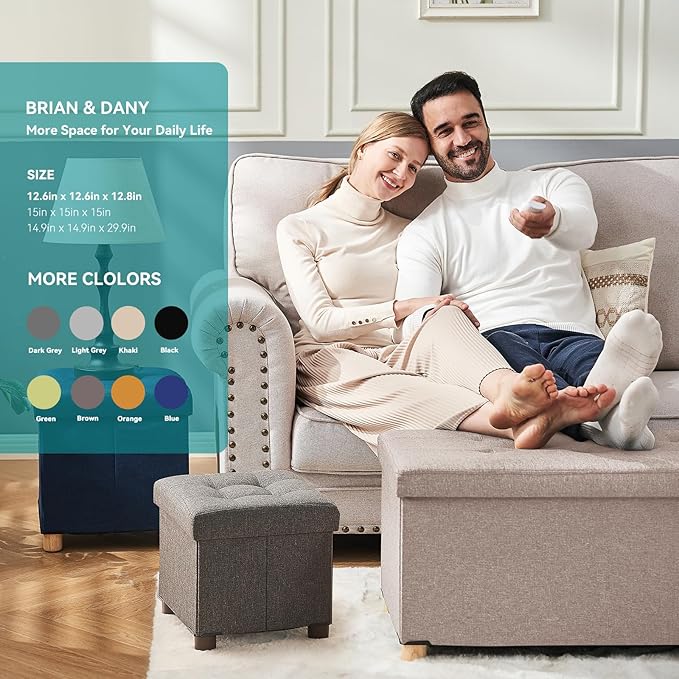 BRIAN & DANY Ottoman with Storage, Small Storage Ottoman for Dorm, Linen Folding Ottoman Foot Stool with Legs for Living Room and Bedroom, 15"x15"x15" - Beige