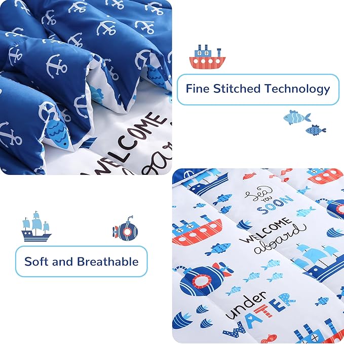 Viviland Kids Full Bedding Sets for Boys, Soft Full Comforter Set with Sheets, 7 Pieces Microfiber Bed in a Bag, Nautical Sea Ship