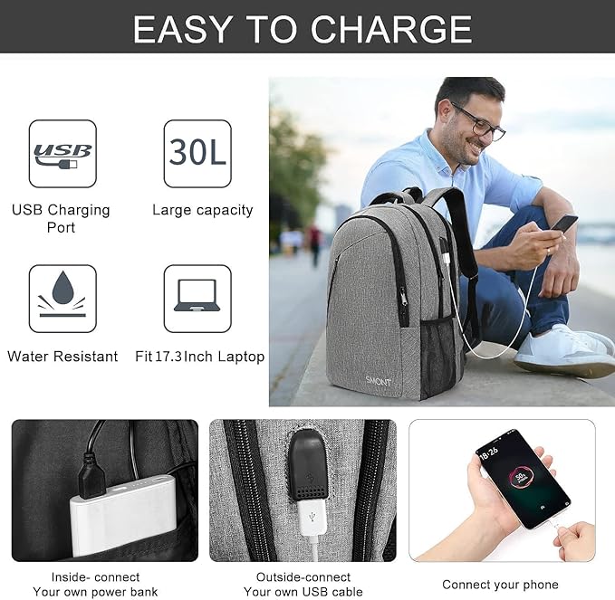 17 Inch Large Business Computer Backpack for Men Work, Mens Tech Laptop Bookbag for Commuter Office Adult Lightgrey