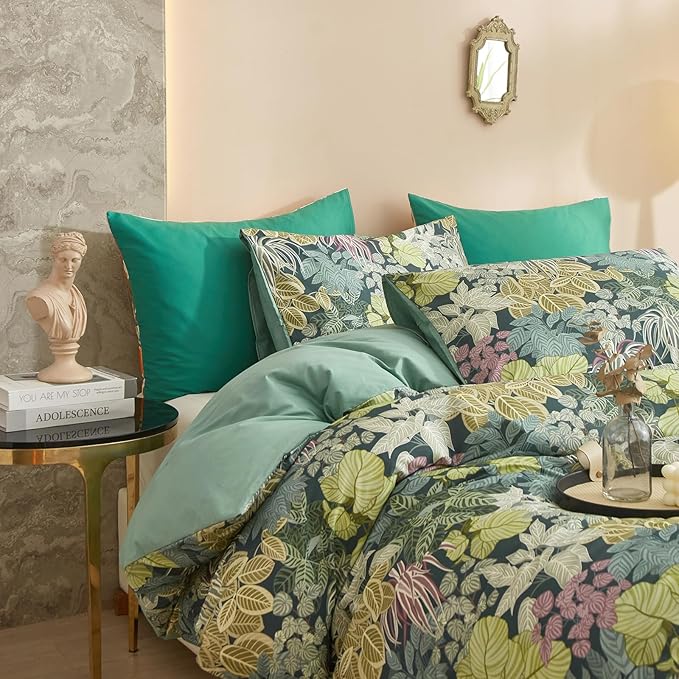 HighBuy Tropical Green Leaves Duvet Cover Twin XL Kids Girl Bedding Set Cottagecore Comforter Cover with 2 Pillowcases 100% Cotton Garden Duvet Cover Twin XL Aesthetic Bedding Set with Zipper