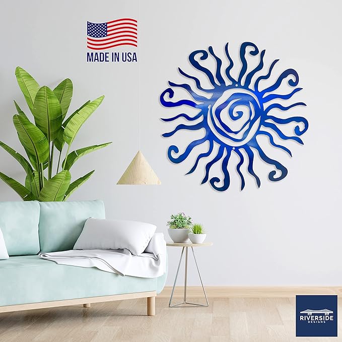 Riverside Designs Wacky Sun Metal Wall Art Indoor/Outdoor Decor - 30" Blue Rust Proof Wall Sculpture - Made in USA - Ideal for Bedroom, Garden, Home, Patio and Farmhouse