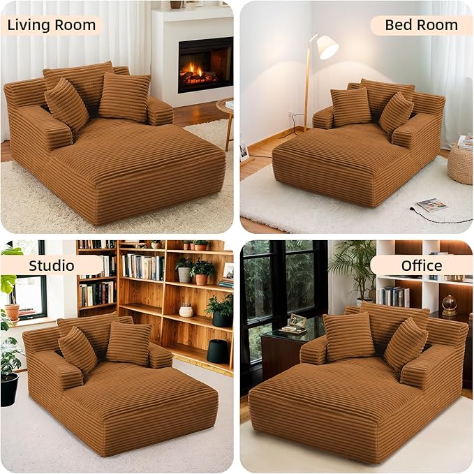 Oversized Chaise Lounge Chair Indoor Corduroy Sofa Bed with Throw Pillows Recliner Chair Comfy Large Deep Seat Sofa Couch for Living Room, Bedroom, Apartment (Orange)