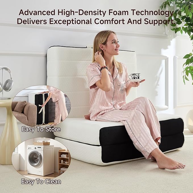 Foldable Mattress, Queen Tri-Fold Memory Foam Mattress Topper with Washable Cover, Handle & Non-Slip Bottom, 4 Inch Portable Folding Bed for Guest, Yoga, Living Room, Camping - 78"x58"x4"