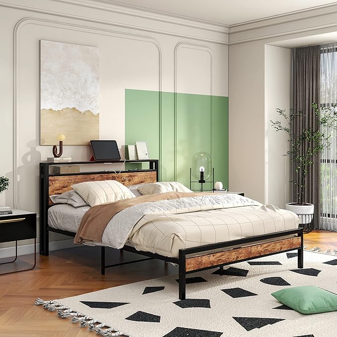 HOJINLINERO Queen Bed Frame with Storage Headboard/Charging Station,Metal Queen Size Bed Frame with Power Outlets/USB Ports No Box Spring Needed,Under Bed Storage,Easy Assembly,Rustic Brown