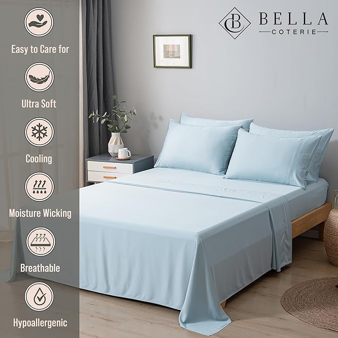 Bella Coterie 6 Piece Luxury Bamboo Viscose Split Top King Size Sheet Set | 34" Split for Adjustable Beds | 100% Organically Grown| Cooling | 18” Deep Pocket | 4 Pillowcases [Coastal Blue]