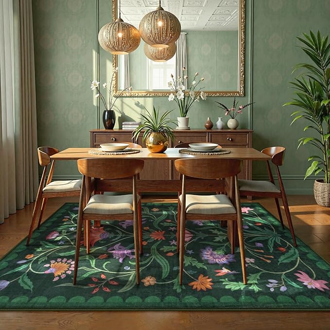 Lahome Boho Floral Washable Green 5x7 Area Rugs for Living Room, Non Slip Rugs for Bedroom Entryway, Indoor Ultra-Thin Throw Dining Room Carpet for Under Table Kitchen Dorm(Forest Green,5x7)