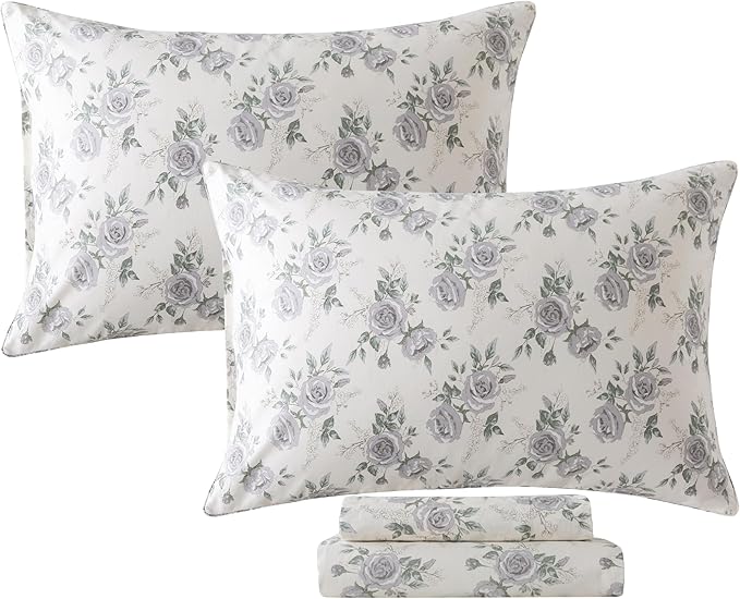FADFAY Rose Sheets Set Rustic Peony Floral Bedding Botanical Leaves Sheets Vintage Farmhouse Bedding 100% Cotton Soft Breathable Collection with Deep Pocket Fitted Sheet 4Pcs, California King Size