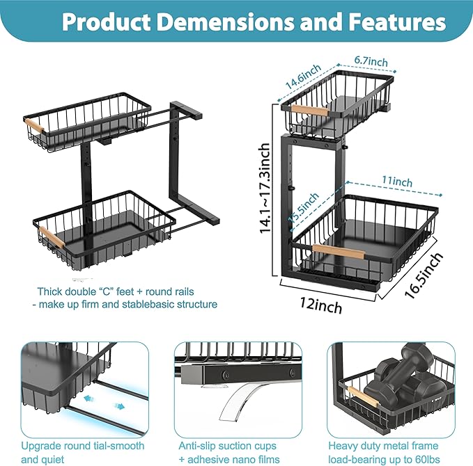 Under Sink Organizer Storage 2 Pack, 2 Tier Slide Out Height Adjustable Pull Out Cabinet Organizer Drawer for Kitchen Bathroom Large Under Sink Shelf Rack Caddy for Pantry, Black