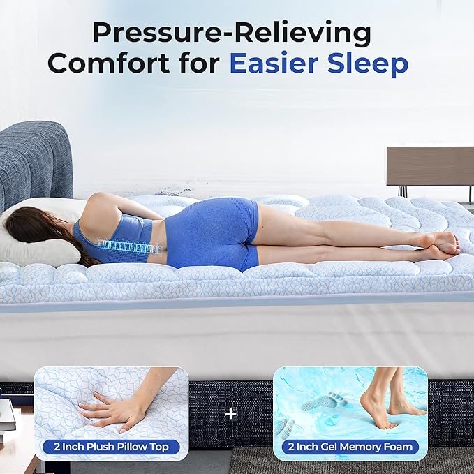 Dual Layer 4 Inch Cooling Memory Foam Mattress Topper Queen Size, 2 Inch Thick Soft Quilted Ice Silk Pillow Top Cover Plus 2 Inch Gel Memory Foam Mattress Pad for Back Pain Relief