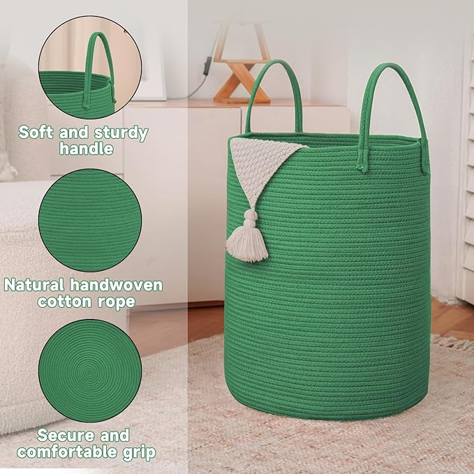 Large Woven Laundry Basket Hamper,100L Cotton Rope Storage Bin for Blankets,Toys and Clothes,Decorative Tall Nursery Hamper for Living Room,Baby Nursery,Bathroom and Bedroom,Dark Green