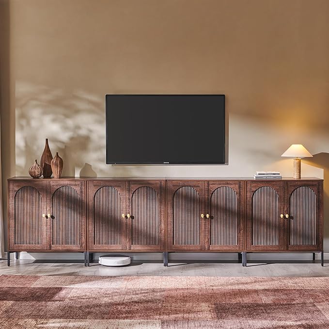 Bathroom Cabinet with Storage, 123.5" W Fluted Arched Free Standing Floor Cabinet w/Adjustable Shelves, Modern Sideboard Cabinet for Bathroom, Kitchen, Living Room, Entryway, Brown