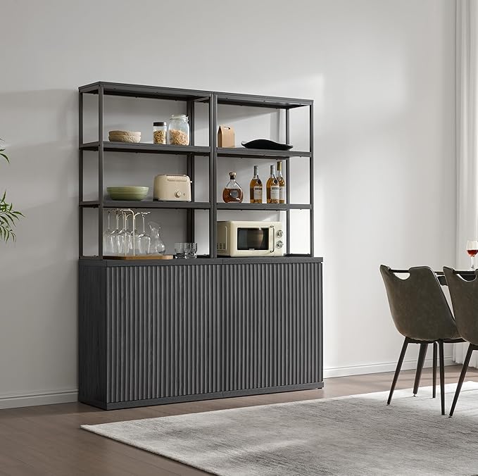SICOTAS Fluted Book Shelf with Doors - 75" Tall Bookshelf with Storage 6 Tier Large Bookcase with Bottom Cabinet - Modern Metal Book Case for Living Room, Home Office, Kitchen and Library, 1 Piece