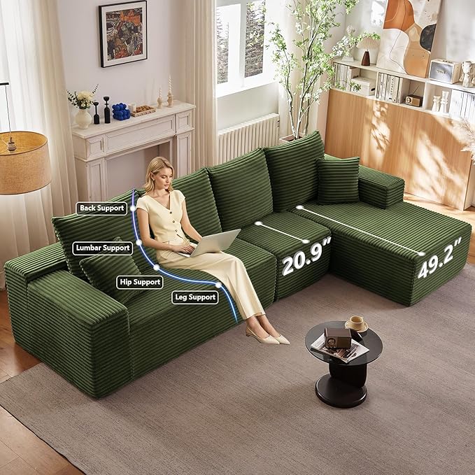 135" Cloud Sectional Couch with L-Shape Chaise, Modern Modular Comfy Sofa Chaise Longue, Upholstered Corduroy Couches Sleeper with Deep Seat for Living Room Bedroom, No Assembly Required, Green
