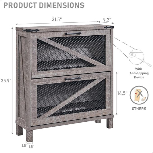 JXQTLINGMU Shoe Cabinet with 2 Flip Drawers, Farmhouse Shoe Storage Cabinet with Mesh Doors and Adjustable Shelves, Rustic Wooden Shoe Organizer, Small Shoe Cabinet Storage for Entryway, Grey