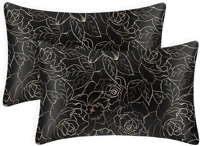 EXQ Home Satin Pillowcase for Hair and Skin- Rose on Black Silk Pillowcase 2 Pack 20x26 inches - Standard Size Pillow Cases with Envelope Closure, Gifts for Women