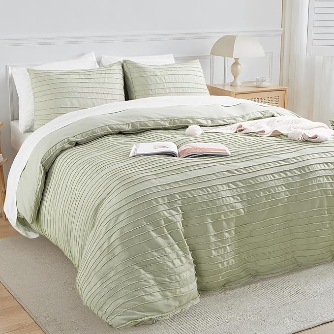 NEXHOME PRO Duvet Cover Full Size, Blue 3 Pieces Boho Tufted Duvet Cover Set, Soft and Lightweight Microfiber Comforter Cover Set for All Season (Sage Green,80 x 90)-No Comforter