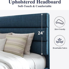 Allewie Queen Size Platform Bed Frame with Fabric Upholstered Headboard and Wooden Slats Support, Fully Upholstered Mattress Foundation/No Box Spring Needed/Easy Assembly, Navy Blue