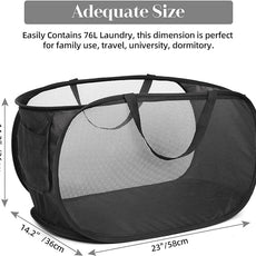 Durable Collapsible Laundry Baskets, Mesh Pop Up Laundry Hamper with Side Pocket, Foldable Clothes Storage Hamper with Reinforced Carry Handles for Laundry, Bathroom, Kids Room, Dorm or Travel Black