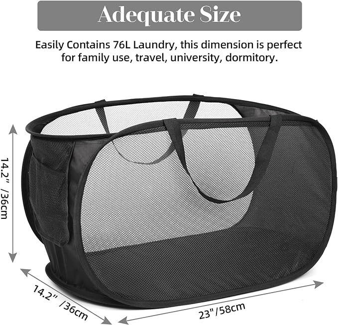 Durable Collapsible Laundry Baskets, Mesh Pop Up Laundry Hamper with Side Pocket, Foldable Clothes Storage Hamper with Reinforced Carry Handles for Laundry, Bathroom, Kids Room, Dorm or Travel Black