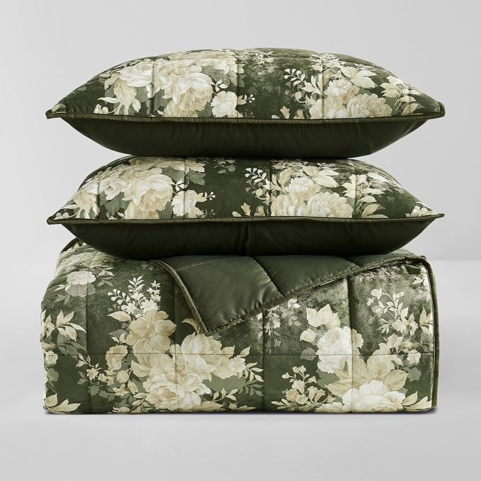Wonderful Velvet Quilt Set, Box Stitched Army Green Velvet Lightweight Comforter King, Elegant Floral Printed, Pet-Friendly, Luxury Soft Cozy Bedspread Coverlet Bedding Set for All Season,106"x94"