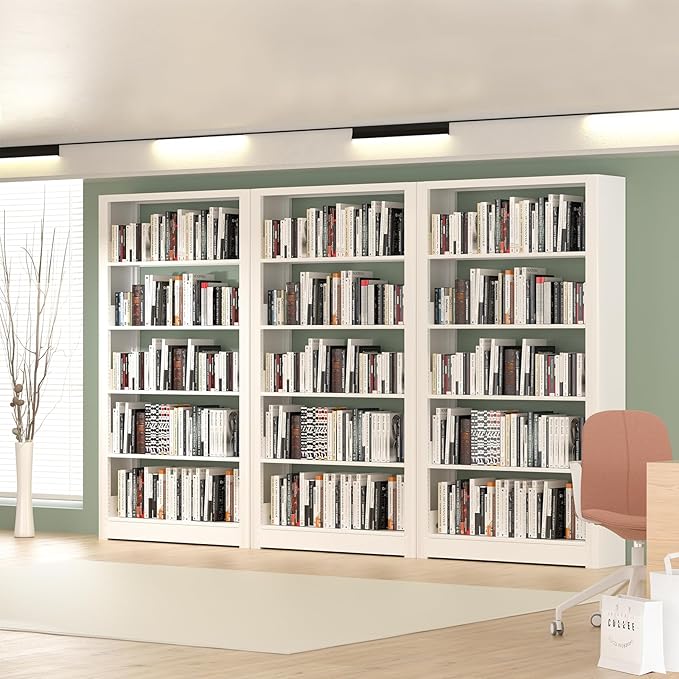 5-Tier Bookshelf, White Bookshelf with Adjustable Storage Shelves, Metal Bookshelf, 69" Tall Bookcase for Living Room, Library, Office, Bedroom, Including Book Stopper，36" Wide Bookshelves