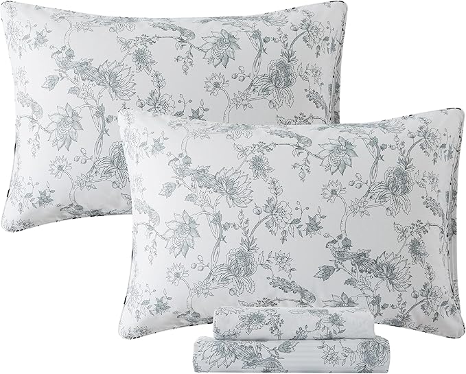 FADFAY Gray and White Sheets Set Full - Shabby Vintage Peacock Floral Bedding, Rustic Farmhouse Style, 100% Cotton Breathable With Deep Pocket Fitted Sheet, 4Pcs, Full Size