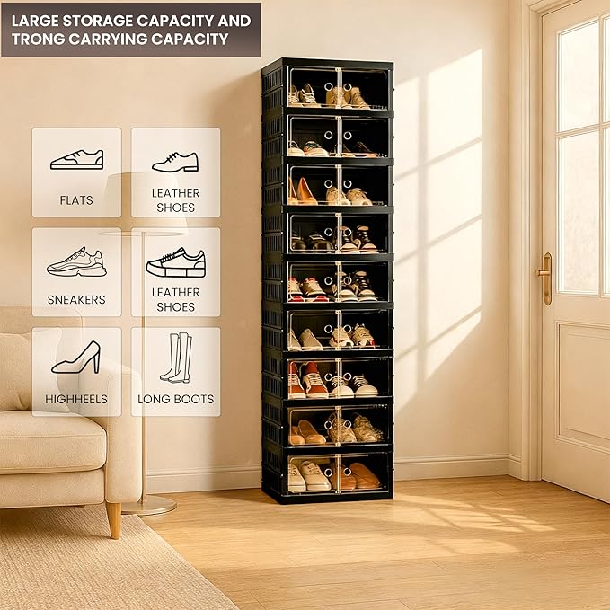 Foldable Shoe Organizer Storage Box Set of 2, Portable Extra Large Folding Shoe Rack for Closet, Shoe Storage Box with Magnetic Transparent Door and Wheels, 9 Layers 18 Grids