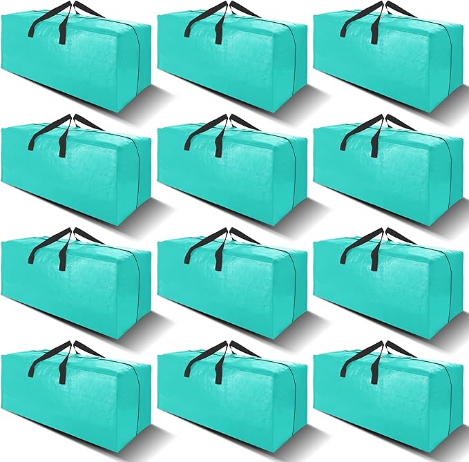 12 Pack Heavy Duty Large Moving Bags W/Backpack Straps - Strong Handles & Zippers, Storage Totes For Space Saving, Fold Flat, Alternative to Moving Box and Storage Bin, Aquamarine