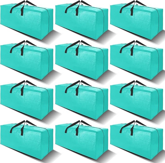 12 Pack Heavy Duty Large Moving Bags W/Backpack Straps - Strong Handles & Zippers, Storage Totes For Space Saving, Fold Flat, Alternative to Moving Box and Storage Bin, Aquamarine