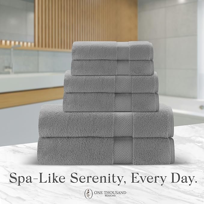 Premium Staple Cotton Bathroom Towel Set - Gray 600 GSM 6-Piece Luxury Bath Towel Set 1 Stripe - 2 Bath Towels, 2 Hand Towels & 2 Washclothes Set - High Absorbent & Quick Dry for Gym, Spa, Hotel