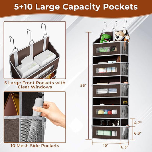 5-Tier Over The Door Storage Organizer with 10 Side Mesh Pockets, 48 lbs Load Capacity, 3 Hooks Design, Door Hanging Organizer with Clear Windows for Bathroom, Bedroom, Nursery, Kitchen-Brown