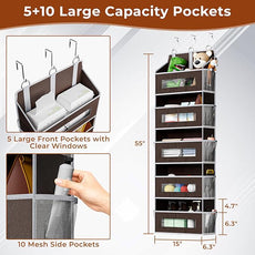 2 Packs 5-Tier Over the Door Storage Organizer with 10 Side Mesh Pockets, 48 lbs Load Capacity, 3 Hooks Design, Hanging Organizer with Clear Windows for Bathroom, Bedroom, Nursery, Kitchen-Brown