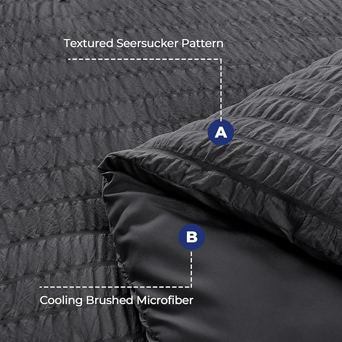 HYMOKEGE Oversized Queen Comforter Set Seersucker 7 Pieces, All Season Luxury Bed in a Bag for Bedroom, Bedding Set with Comforter, Sheets, Pillowcases & Shams, Dark Grey