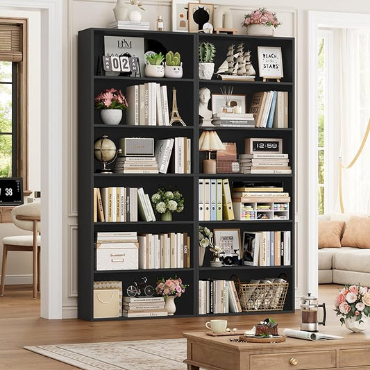 FOTOSOK 6-Tier Open Bookcase and Bookshelf Set of 2, Freestanding Display Storage Shelves Tall Bookcase for Bedroom, Living Room and Office, Black