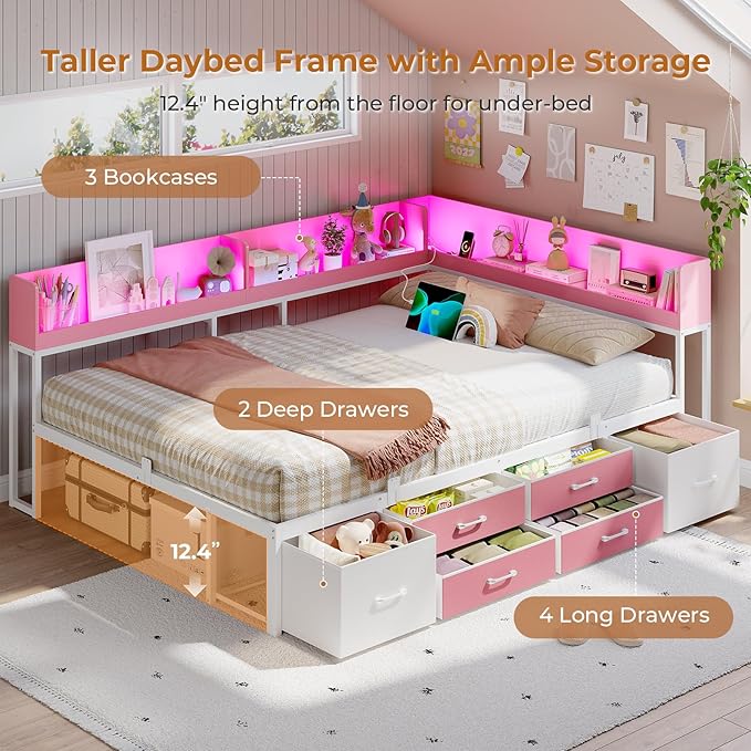 VIAGDO Corner Bed Frame Full with Storage Bookcase and 6 Drawers, Metal Platform Corner Bed Frame with LED Lights and Charging Station, Full Daybed for Kids Teenagers, Pink