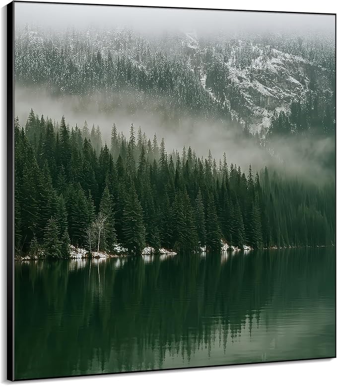 46"x46" XL Framed Wall Art - Misty Forest Landscape Green Pine Trees (Frame Assembly Required)