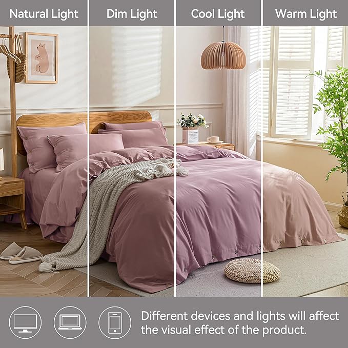 JELLYMONI Cotton Duvet Cover King Size - Pink Comforter Cover with Button 100% Washed Cotton 3PCS Breathable Soft Solid Bedding Set Duvet Cover 104×90in & 2 Pillowcases (NO Comforter)