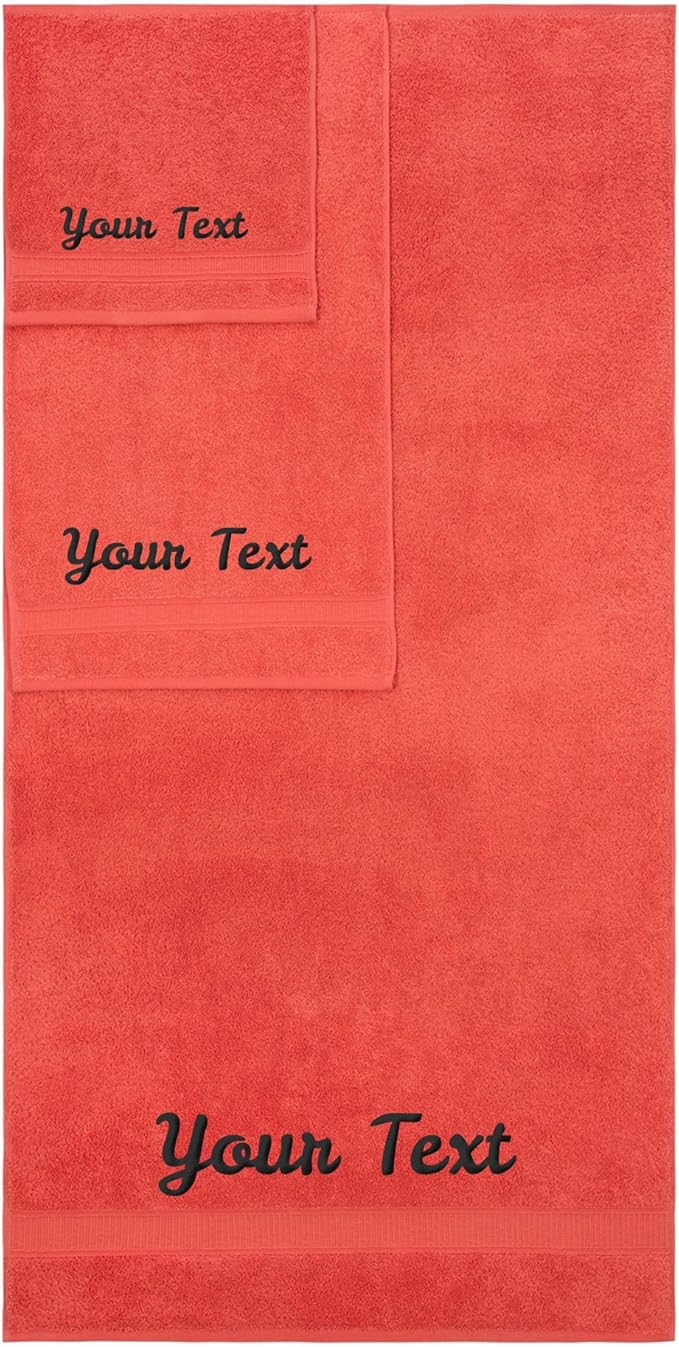 Personalized Towels, Hotel & Spa Quality, Super Soft, Highly Absorbent, Bathroom Sets, 100% Cotton Monogrammed towels 3 Piece Towel Set, Includes 1 Bath Towels, 1 Hand Towels, 1 Washcloths, Coral