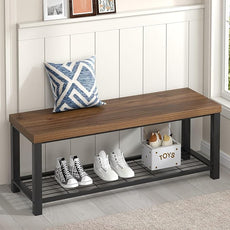 FOLUBAN Shoe Bench, Modern Wood and Metal Storage Bench for Entryway Hallway, Industrial Indoor Bedroom Bench Seat for Living Room, Mudroom, Rustic Walnut, 47 Inch