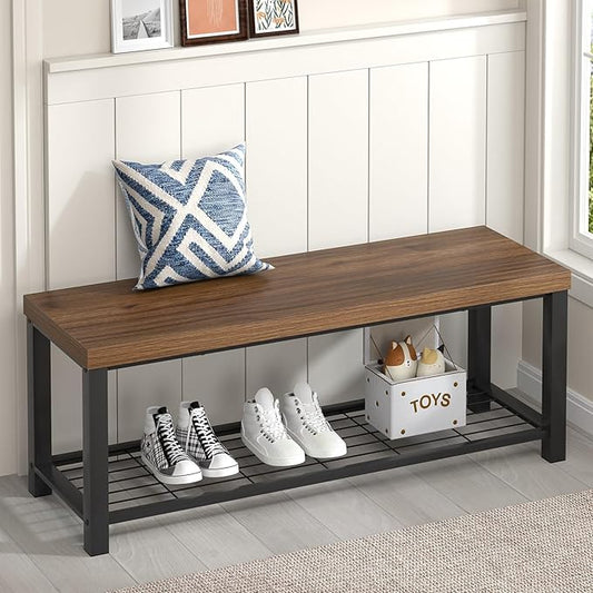 FOLUBAN Shoe Bench, Modern Wood and Metal Storage Bench for Entryway Hallway, Industrial Indoor Bedroom Bench Seat for Living Room, Mudroom, Rustic Walnut, 47 Inch