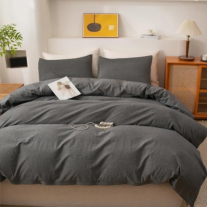 ECOCOTT Grey Duvet Cover Oversized King Size - 100% Washed Cotton Durable Soft Comfy Duvet Cover Set, 3 Pieces Duvet Cover with Zipper Closure (Dark Grey, 120"x 98")